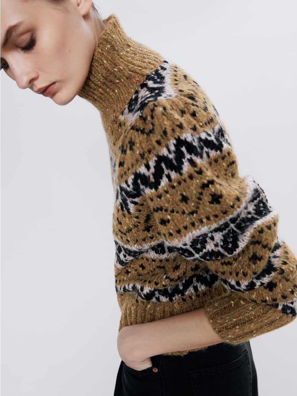 Zara Fair Isle Sweater Beaded Wool Blend Mock Neck Heather Gold Fall Size Medium